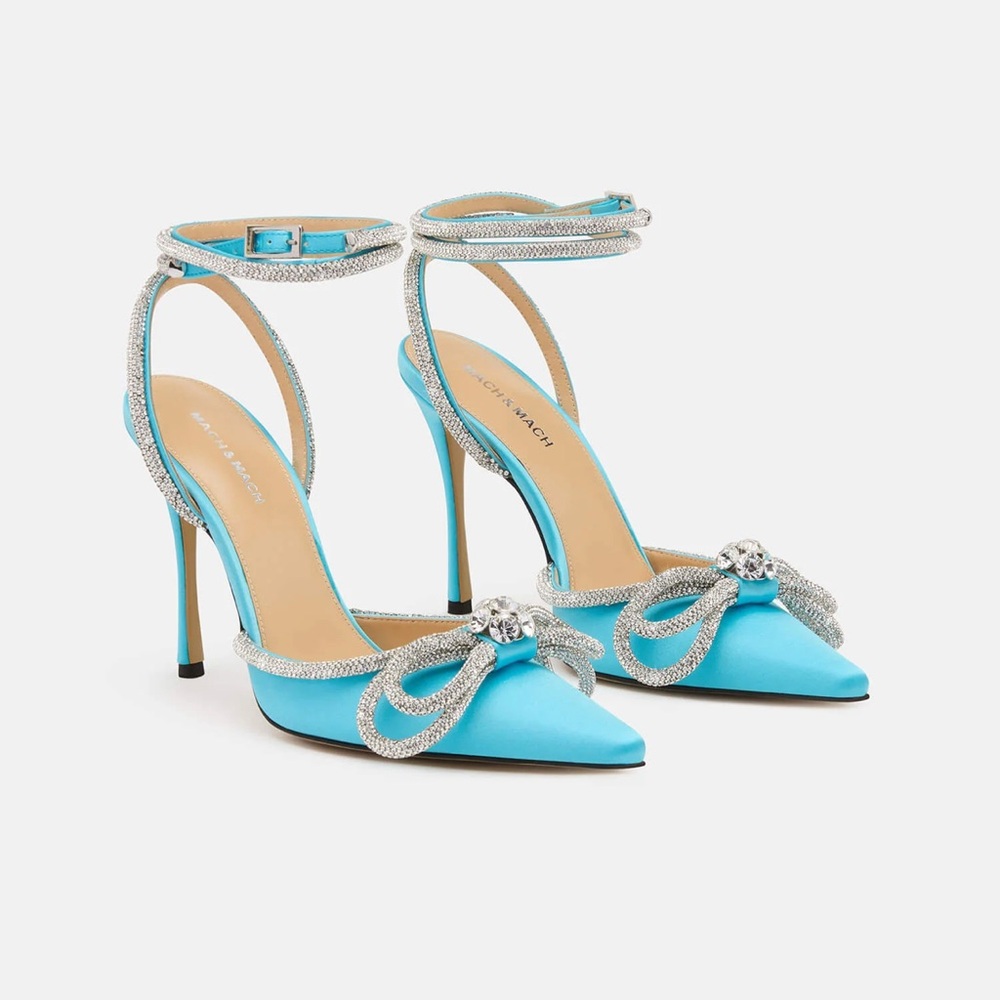 Mach & Mach Double Bow Satin Crystal Pumps | Ocean Blue | Size 40 | NWOB